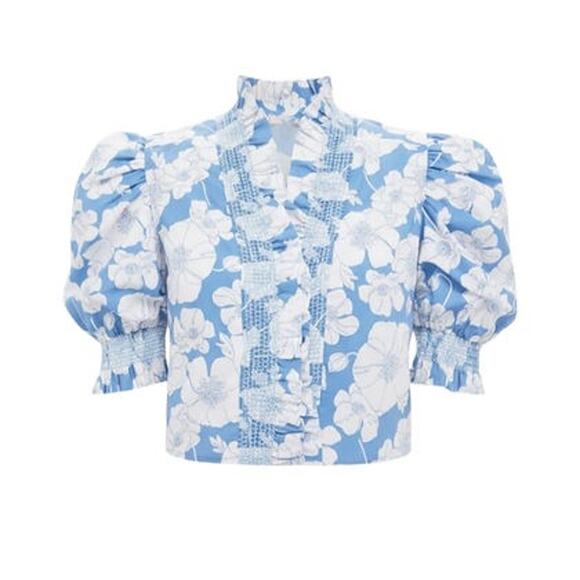 ENGLISH FACTORY Blue Floral Ruffle Neck Aria Blouse Size S NWT - Picture 8 of 8